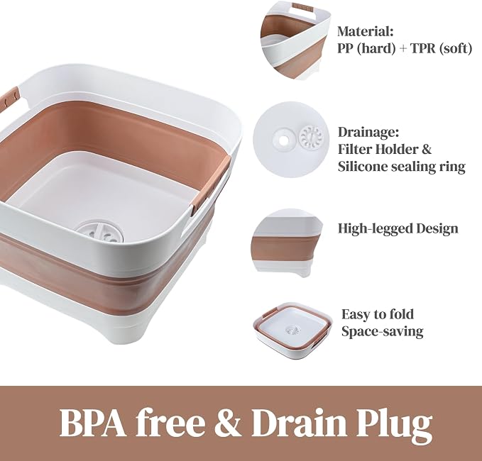 2.6 Gal(10L) Collapsible Wash Basin for Baby Bottles, Space-Saving Collapsible Dish Basin with Drain Plug for Bottle Washing, Collapsible Bucket for RV Kitchen Essentials (Brown) - Image 4