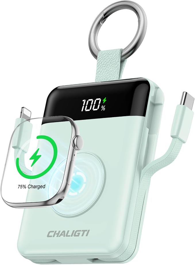 10000mAh Portable Charger,22.5W Power Bank&iWatch Charger,Green | LED Display,Built-in Cables,Super Fast Charging,Travel Keychain Battery Pack for iPhone 17/16/15/14/13/12,Apple Watch Series by Unknown