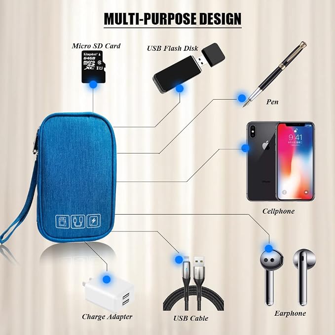 Electronic Organizer Bag Cable Organizer Travel Cord Organizer Case Pouch Portable Carrying Case for Charger Hard Drive Earphone USB SD Card (Blue) - Image 6