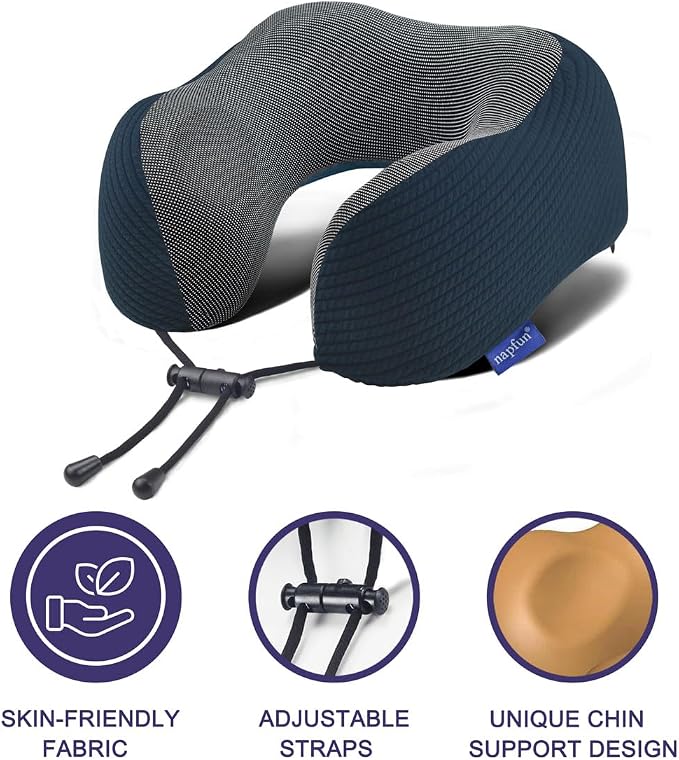 napfun Neck Pillow for Travel with Travel Pouch, Sleep Mask & Earplugs, Memory Foam Airplane Pillow for Headrest Sleep with Eyeshades, Plane Essentials with Eye Blindfold, Deep Blue Striped Kit - Image 3