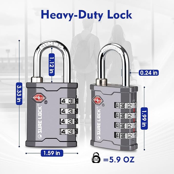 SURE LOCK TSA Accepted 4 Dig Heavy Duty Big Combination Luggage Padlock All Metal Travel Lock for Equipment Hard Case Luggage Gun Case Gym Locker Pelican Vault Lock (2, Grey) - Image 5