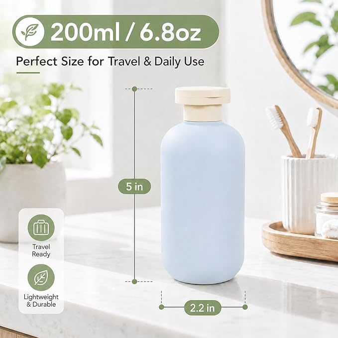 METAPACK 4Pack 6.8oz Travel Shampoo Bottles with Labels, Refillable Travel Bottles, Flip Top Squeeze Bottles, Portable Plastic Toiletry Containers for Lotion, Conditioner & Body Wash(grey, blue) - Image 2