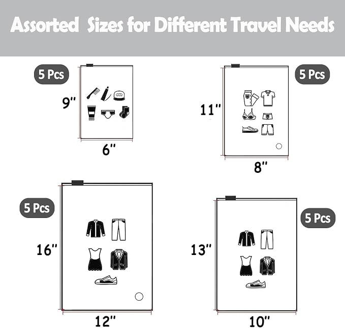 (20 pcs Value Pack) Travel Luggage Organizer Bags, Assorted Sizes, 4Mil Resealable Slider Zip Plastic Clothing Packaging, Frosted Travel/Home Storage and organizing Pouches, Space Saver Bag - Image 2