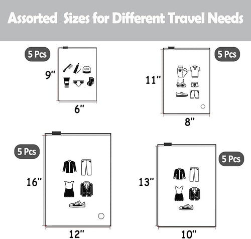 (20 pcs Value Pack) Travel Luggage Organizer Bags, Assorted Sizes, 4Mil Resealable Slider Zip Plastic Clothing Packaging, Frosted Travel/Home Storage and organizing Pouches, Space Saver Bag - Image 2