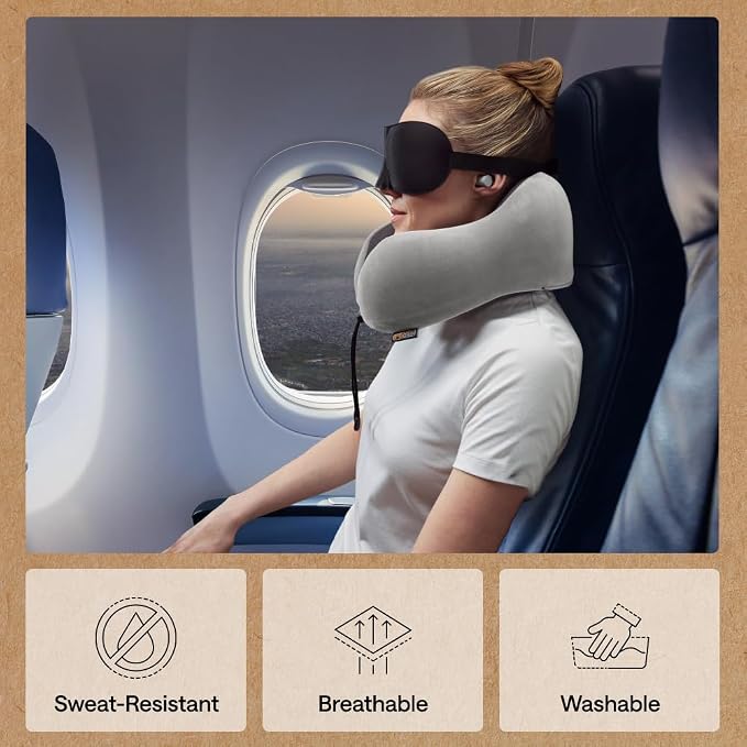 GORILLA GRIP Adjustable Travel Neck Pillow for Airplanes, CertiPUR-US® Memory Foam, Soft Velvet and Cooling Mesh Pillows, Support Headrest for Sleeping, Traveling Essentials, Flight Accessories, Gray - Image 5