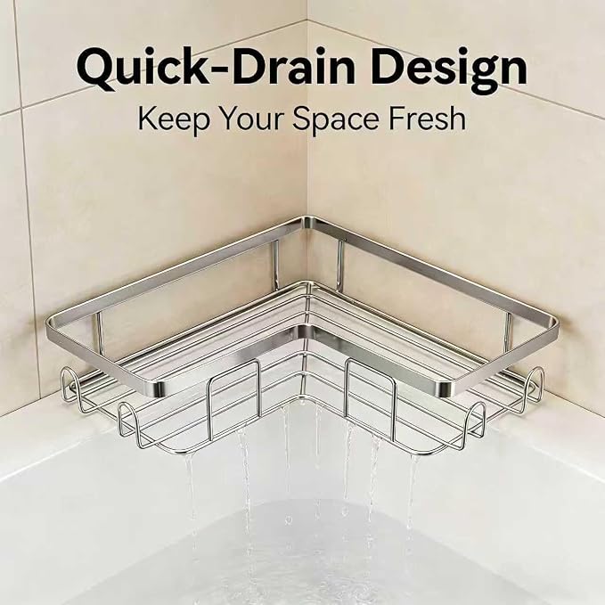Shower Caddy 2 Pack, Stainless Steel No Drilling Adhesive Bathroom Organizer Shelf Rack, Corner Shower Shelf with Hooks for Home Decor & Storage - Image 5