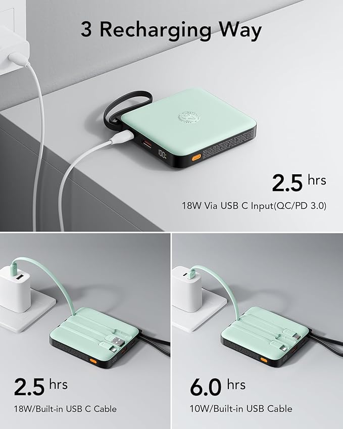 VRURC Portable Charger with Built-in Cable, 10000mAh 22.5W Fast Charging USB C Battery Pack, Cell Phone Power Bank for iPhone 17 16 15 Series Android Tablet (Green) - Image 6