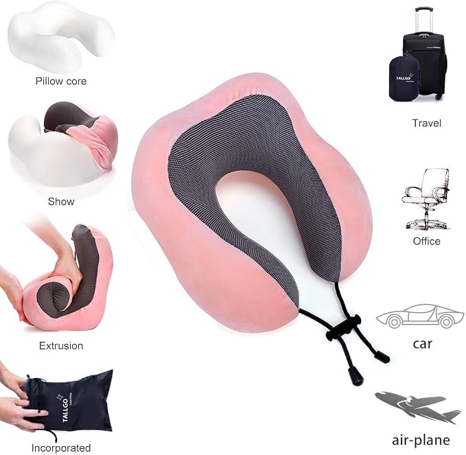 TALLGO Travel Pillow, Best Memory Foam Neck Pillow Head Support Soft Pillow for Sleeping Rest, Airplane Car & Home Use (Pink) - Image 5