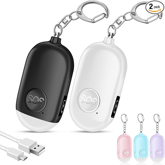 Hion Personal Safety Alarm for Women, 2 Pack Rechargeable 130dB Self Defense Alarm Keychain with LED Flashlight, Emergency Safe Sound Security for Children Elderly College Girls, Black+White by Hion