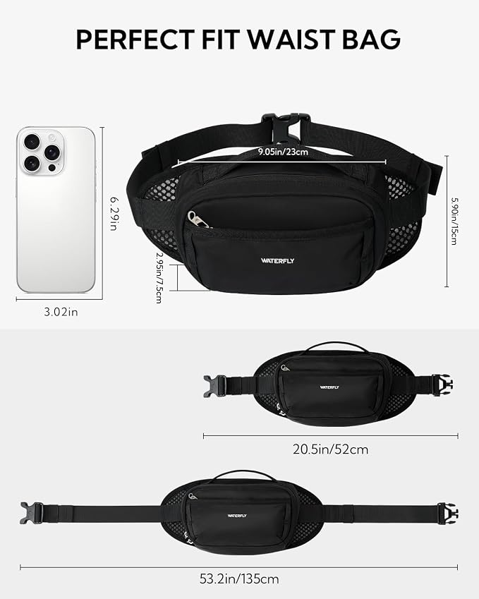 WATERFLY 2.3L RFID Fanny Pack: Anti-Theft Bellows-Style Opening for Hiking | Lightweight Water-Resistant Nylon, Breathable Back Pad, Woven Strap Loops, Key Hook, Travel Camping Cycling, Women Men - Image 5