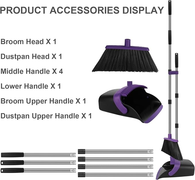 Purple Broom and Dustpan Combo Set, 55" Long Handle Broom | Large Area Outdoor Cleaning, Extended Reach Design, Built-in Comb Dustpan, Foldable Storage for Garage, Patio & Home - Image 5