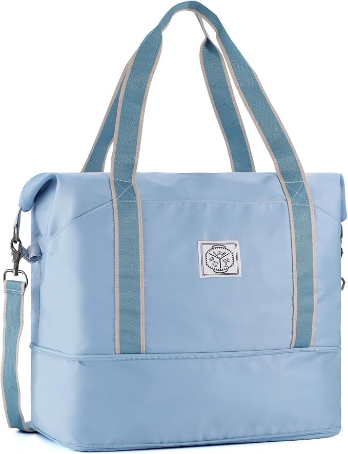 WALNEW Travel Duffel Bag, Weekender Bag for Women, Light Blue | Overnight Carry On Bag, Foldable Waterproof Gym Luggage with Metal Buckle Detachable Shoulder Strap and Wet Compartment by WALNEW