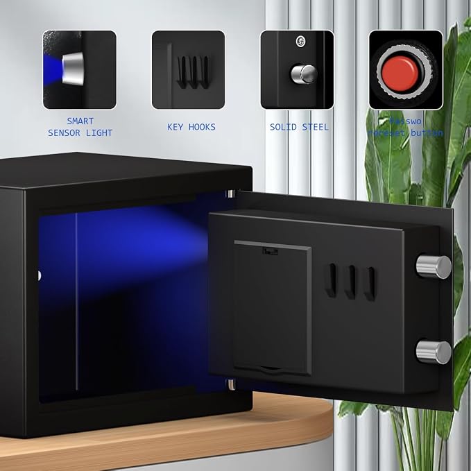 Digital Safe Box with Sensor Light, Electronic Keypad, Steel Construction, Hidden Safe for Home, Wall or Cabinet Anchoring Design (Black) - Image 8