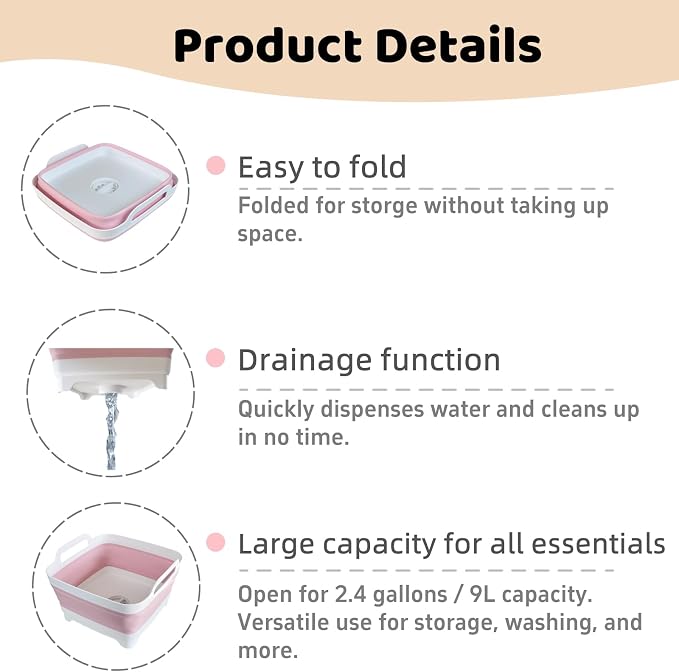 Collapsible Wash Basin for Baby Bottles - 2.4 Gallons Portable Wash Bin for RV Camping Sink, Space-Saving Dish Tub (Pink) - Image 5