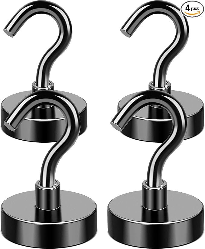 Magnetic Hooks 50LB+ Heavy Duty Magnet Hook for Cruise Cabins | Super Neodymium Hanging Hooks Black Strong Magnets with Hook for Fridge Magnetic Hanger for Grill Toolbox Pack of 4 by MIKEDE