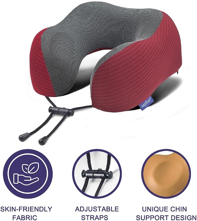 napfun Neck Pillow for Travel with Travel Pouch, Sleep Mask & Earplugs, Memory Foam Airplane Pillow for Headrest Sleep with Eyeshades, Plane Essentials with Eye Blindfold, Burgundy Striped Kit - Image 3