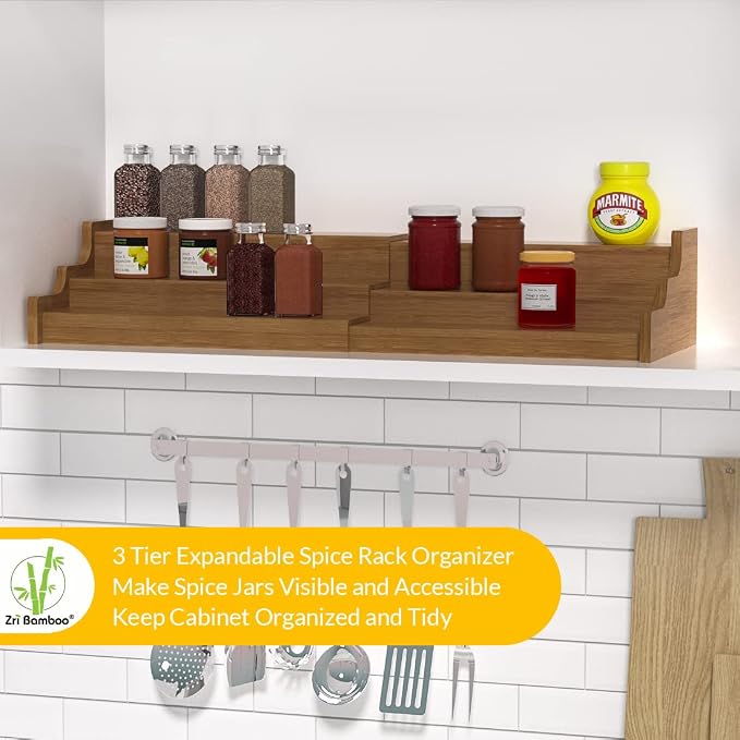 Bamboo Spice Rack Cabinet Organizer - 3 Tier Wooden Expandable Walnut Display Shelf - Image 2