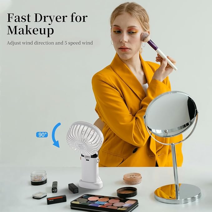 Portable Handheld Fan, 12 hours, Upgrade 3200mAh Portable Fan with LED Display, 90° Foldable, 5 Speed Wind,Hand Held/Neck/Desk 3 in 1 Personal Small Fans, Makeup Fans for Women (White) - Image 3