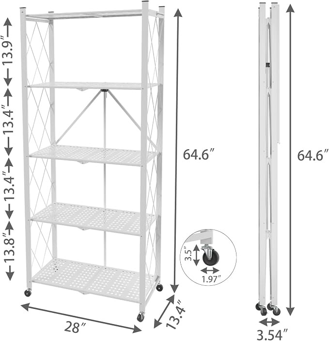 5-Tier Folding Shelf with Wheels No Assembly Portable Shelves | Suitable for kitchen, bedroom, living room, garage,64.6*28*13.4in - Image 3