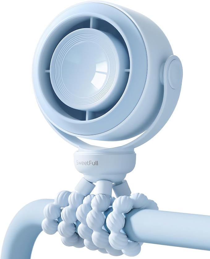 SWEETFULL Portable Stroller Fan, Pinch-Proof Baby Fan - Blue | Wide Turbine Airflow; Safe Design; LED Display; 5-Speed; 30dB Quiet; USB-C Rechargeable; Mini Clip On Fan for Car Seat & Bed by SWEETFULL