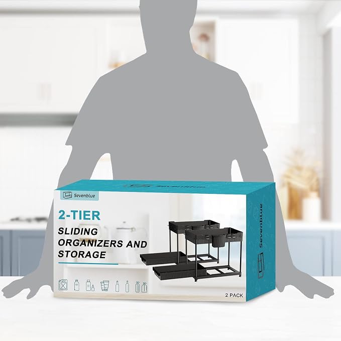 2-Pack 2-Tier Under Sink Organizers with Sliding Drawers | Multi-use kitchen & bathroom storage, 12.85 inch black cabinet organizer, space-saving sliding drawer design. - Image 7