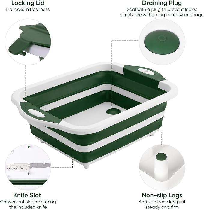 Collapsible BBQ Prep Tub with Lid, Foldable Camping Sink with Colander, Cutting Board, Dish Basin for Kitchen, Bowl, Vegetable and Fruit, Storage Basket for Picnic-Green - Image 3