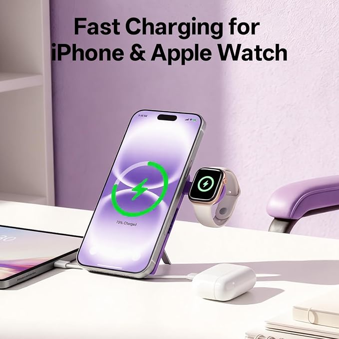 Q Magnetic Wireless Portable Charger 10,000mAh, Travel Essentials Power Bank with Built-in Cables & Foldable Stand, External Battery Pack Compatible with iPhone 17/16/15/14/13/12, Apple Watch - Image 2