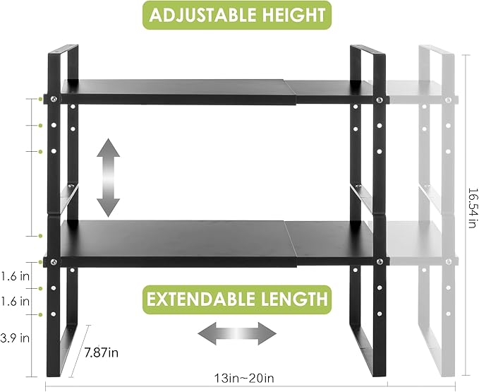 Across-Star Expandable Cabinet Shelf Organizer Rack, Stackable Kitchen Counter Storage Shelves Stand, Adjustable Height Pantry Shelf Spice Rack (Black, 2 Pack) - Image 3