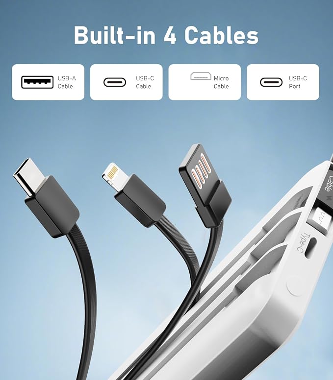 Portable Charger with Built in Cables, Slim 10000mAh Power Bank, USB C Battery Pack Travel, 4 Output 2 Input External Charging Bank for iPhone 17/16/15/14/13,Samsung, Android, etc-White(1 Pack) - Image 3