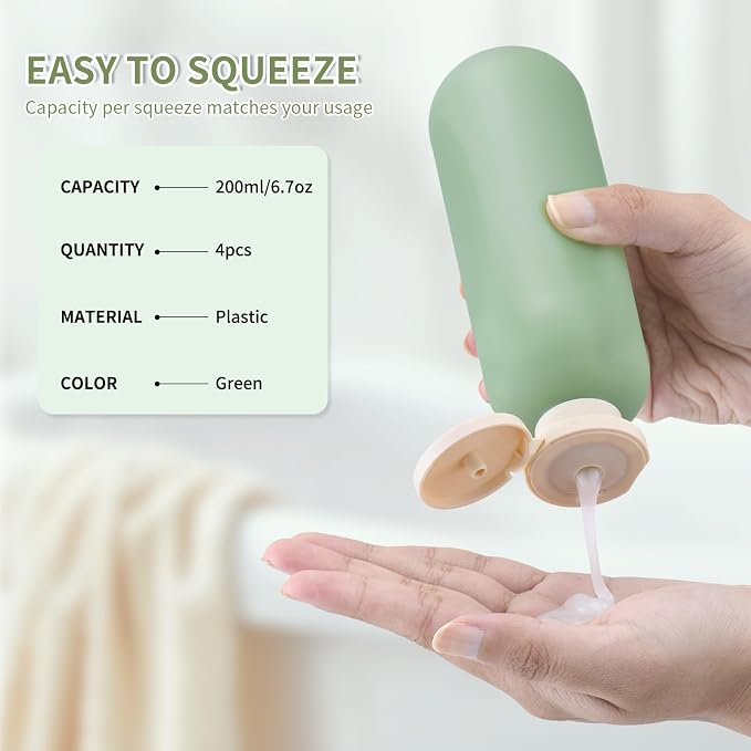 Empty Shampoo Bottles 6.7oz, Green Flip Cap Refillable Plastic, 4 Pack Set | Toiletry containers for conditioner, big large size squeeze bottles, body wash lotion dispenser, toiletries leakproof liquid - Image 2