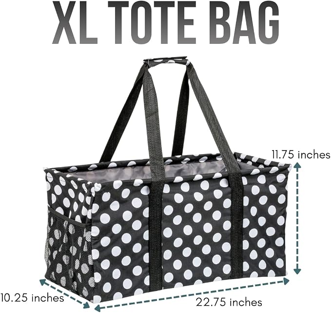 Extra Large Utility Tote Bag - Oversized Collapsible Reusable Wire Frame Rectangular Canvas Basket With Two Exterior Pockets For Beach, Pool, Laundry, Car Trunk, Storage - White Polka Dot - Image 4