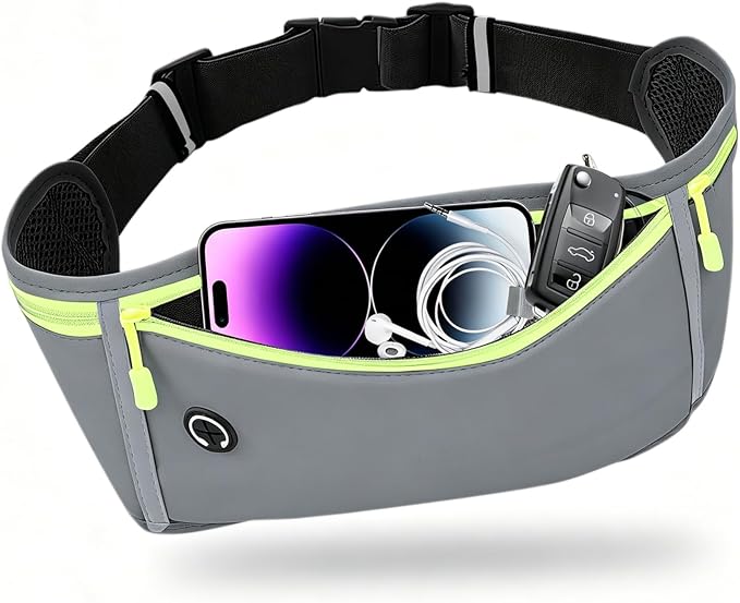 Slim Running Belt for Women Men,Runners Fanny Pack Phone Holder,Money Belt,Running Gear Accessories,with 3 Pockets (Green-gray) by Unknown