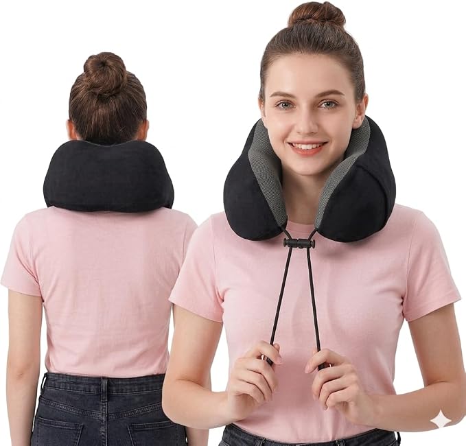 Airplane Travel Neck Pillow, 100% Memory Foam Ergonomic Neck Support, Airplanes Neck Pillow with Washable Cover Travel Essential for Flight & Office Include Eye Mask, Earplugs & Carry Bag (Black) - Image 3