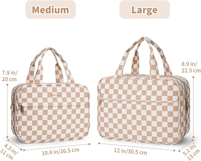 Narwey Hanging Travel Toiletry Bag for Women Checkered Makeup Bag Organizer Cosmetic Make up Toiletries Bag for Travel Essentials Accessories (Light Brown Checkerboard, Large) - Image 2