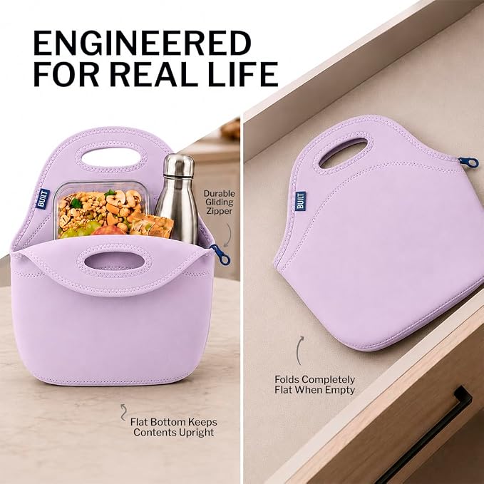Built Gourmet Getaway Neoprene Lunch Bag, Large Capacity - Lavender | Insulated Neoprene Tote with Zipper & Handles, Reusable Lunch Bag for Work, School, Travel & Picnics, Machine Washable - Image 4