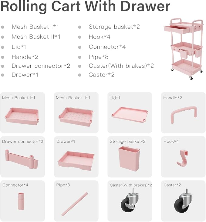 REBECAT 3 Tier Rolling Utility Cart with Drawer,Storage Cart,Rolling Cart for Kitchen,Bathroom,Living Room,Storage Organizer with Iron Wheels（Pink - Image 6