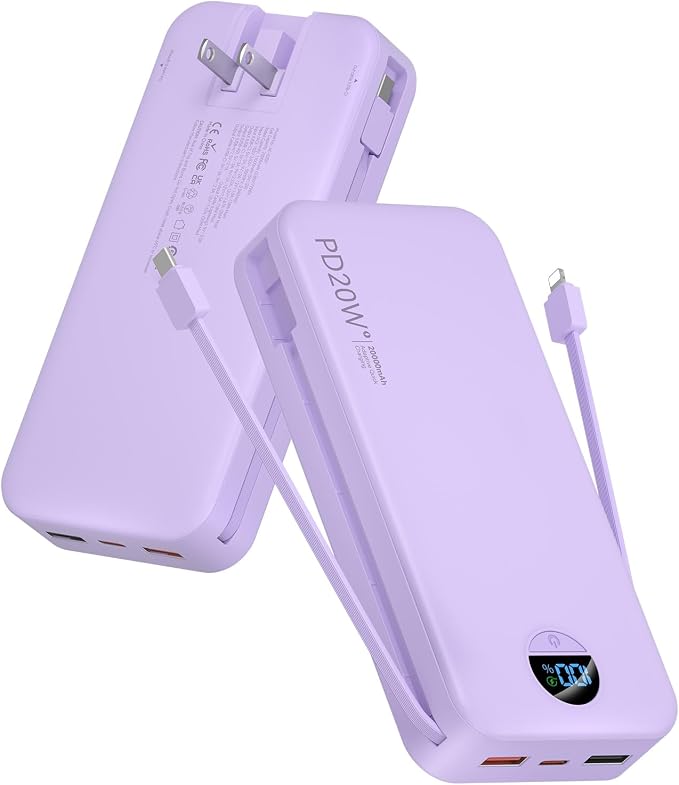 citicr Portable Charger 20000mAh PD20W w/Built-in Cables & Wall Plug Purple | High capacity, Fast charging, Built-in wall plug, LED display, Charge 5 devices at once, Pass through charging, TSA approved by CITICR