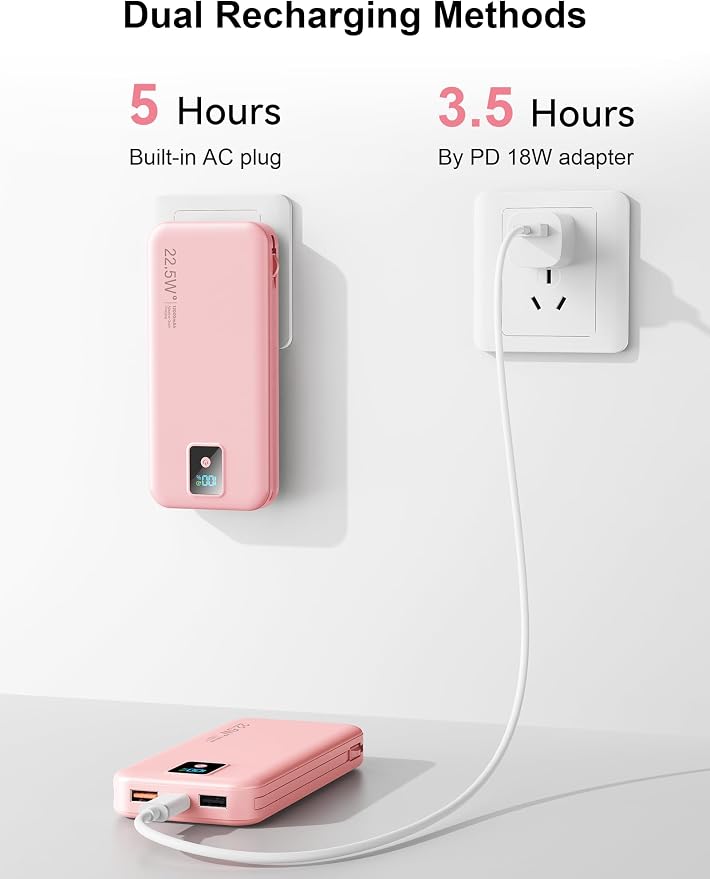 Portable Charger 12000mAh 22.5W w/Built-in Cable & Wall Plug Pink | 22.5W fast charging, LED display, Charging 5 devices at once, Pass through charging, TSA approved, Compatible with iPhone - Image 8
