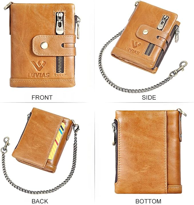 Anti-Theft Mens Wallet with Chain Genuine Leather ID Window Purse with RFID Blocking Bifold Double Zipper Coin Pocket with Gift Box - Image 7