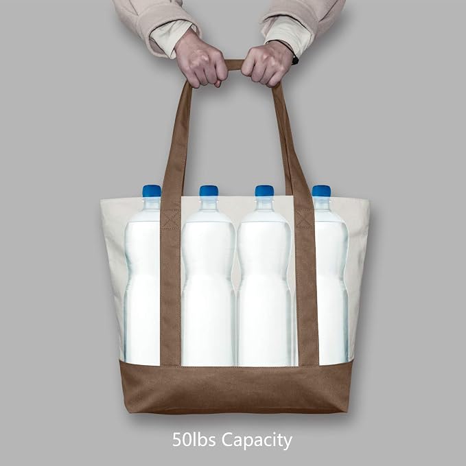 TOPDesign 1-Pack Canvas Tote Bag with an External Pocket, Reusable Grocery Shopping Bag, Top Zipper Closure, Daily Essentials (Brown/Natural) - Image 6