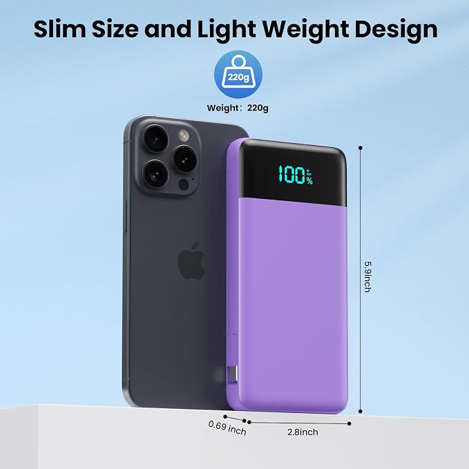 Portable Charger for iPhone,13800mAh Slim Power Bank with Built-in Cables & AC Wall Plug,All in One 4 Outputs USB C Fast Charging Battery Pack for iPhone 17/16/15/14,Android,Travel Essential (Purple) - Image 7