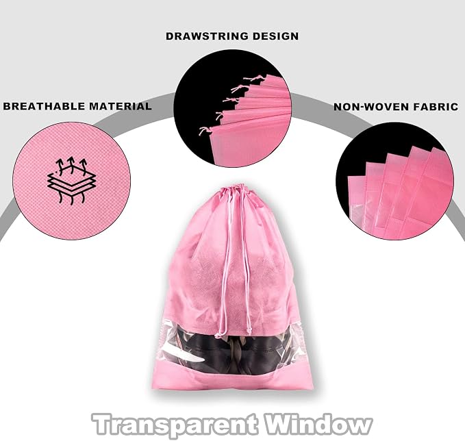 20 Pack Shoe Bags for Travel, 17" x 12.6" Drawstring Shoe Organizers with Clear Window, Breathable Non-Woven Dustproof Pouches for Luggage & Closet (Pink) - Image 3
