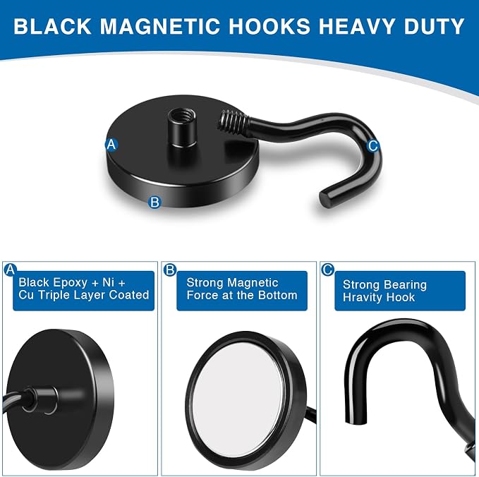 LOVIMAG Magnetic Hooks for Cruise Cabins, 85LBS, 6 Pack | Heavy Duty Neodymium Magnet with Hook Essentials for Classroom, Fridge, Ceiling, Hanger, Black - Image 4