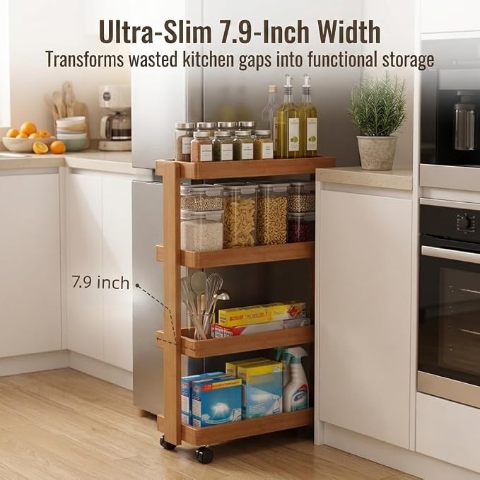 4-Tier Narrow Side Table with Wheels, Solid Wood Slim Rolling Storage Cart, Skinny End Table for Small Spaces, Moving Utility Shelf Organizer for Living Room, Bedroom, Kitchen, Bathroom - Image 2
