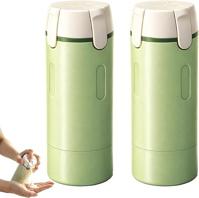 4 in 1 Travel Dispenser Bottle, One-Press No Squeeze Toiletries Set | TSA Approved 4x30ML Leakproof Travel Containers, Refillable Shampoo Lotion Bottles with Labels & Scale, Cream 2Greeen by Unknown