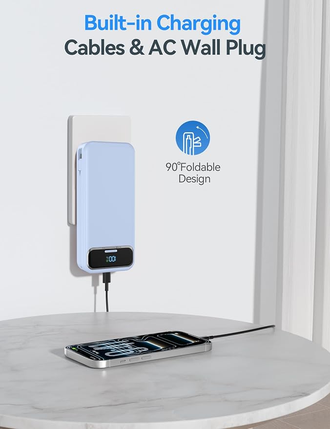 aonidi Portable Charger 20000mAh with Built-in Cables&AC Wall Plug, Blue | PD20W Fast Charging,Travel Essential,TSA Approved,LED Display,All in One USB C Power Bank for All Cell Phones Devices - Image 4