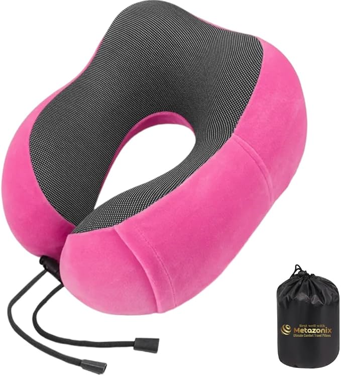 Travel Pillow - 100% Memory Foam - Travel Pillows for Airplane - Neck Pillow Airplane and Car Use - Memory Foam Travel Neck Pillow - Travel Essentials for Women and Men (Bubble Gum Pink) by VorgatoLuxury