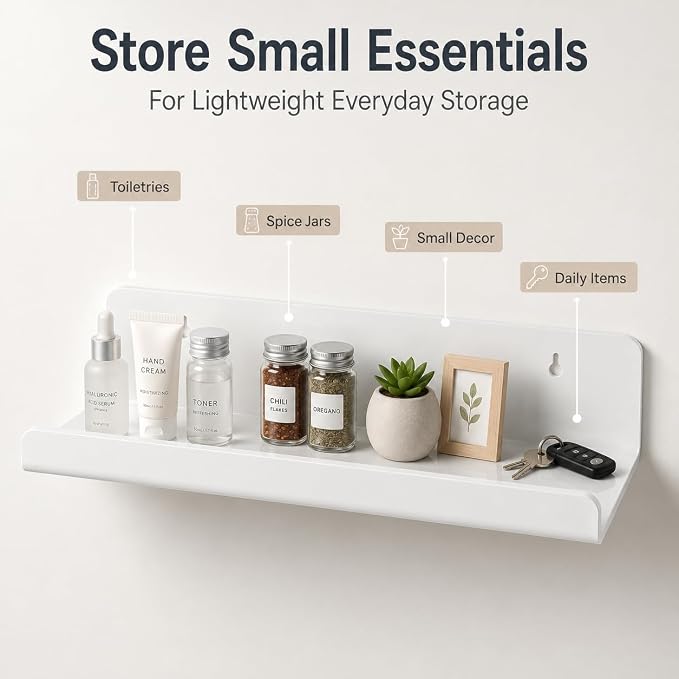 White Acrylic Floating Shelves, No Drill Wall Shelves, 4 Pack | Glossy White Acrylic; 4 Pack Wall Shelves; Adhesive or Screw Mount; No Drill Option; 12 lb Max Load - Image 5