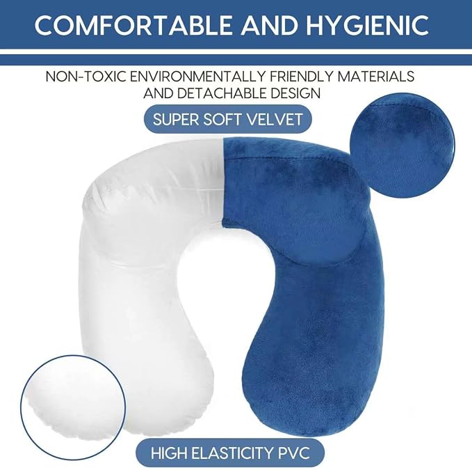 Inflatable Travel Pillow for Airplane Inflatable Neck Pillow for Traveling with Soft Velvet Washable Cover for Sleeping, Airplane,Train, Car, Office, Contoured Eye Masks, Earplugs - Image 5