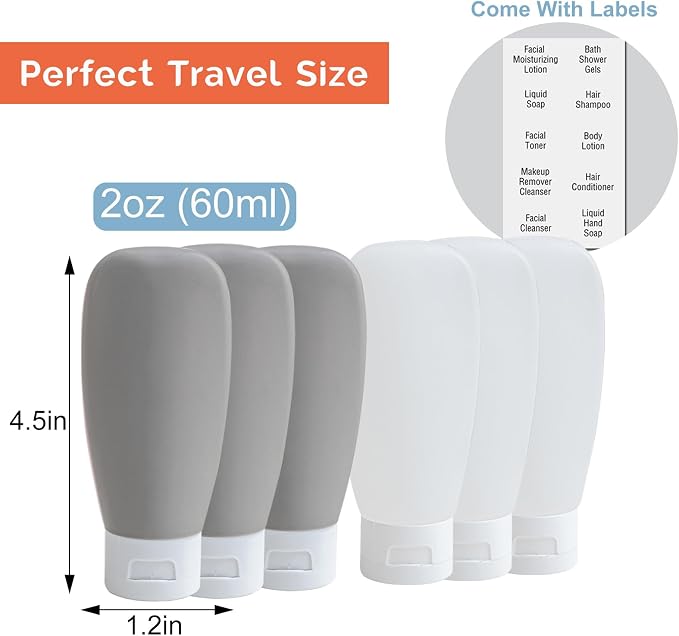 Travel Bottles for Toiletries 6 Pack, Leakproof 2 oz Tsa Approved Travel Size Containers, BPA Free Plastic Shampoo and Conditioner Bottles, Camping Travel Essentials (Black & White) - Image 3